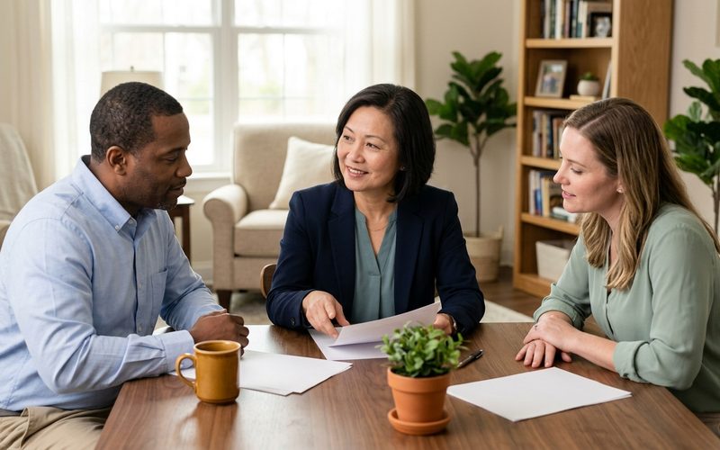 An executive director reviews a printed budget with two department heads at a wooden table in a sunlit senior living community office