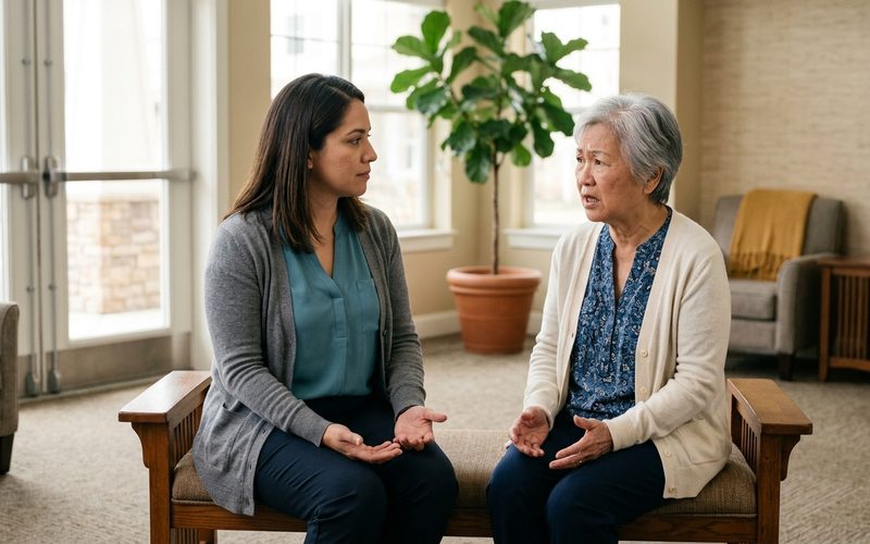 A service coordinator sits beside an older resident on a bench in the lobby of a senior apartment building, listening with open hands while the resident talks