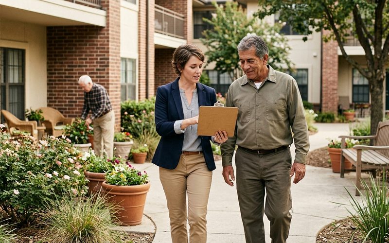 A property supervisor walks with a maintenance team member through the sunny courtyard of a senior apartment community while an older resident waters plants nearby